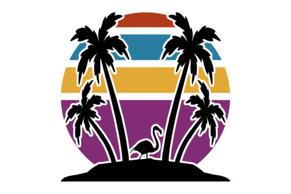 Beach Palm Trees Flamingo Retro Sunset