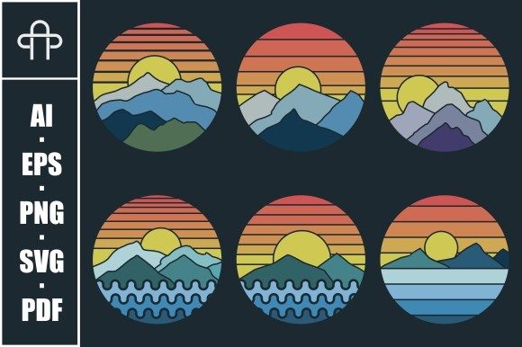 Mountain Sunset Retro Vector